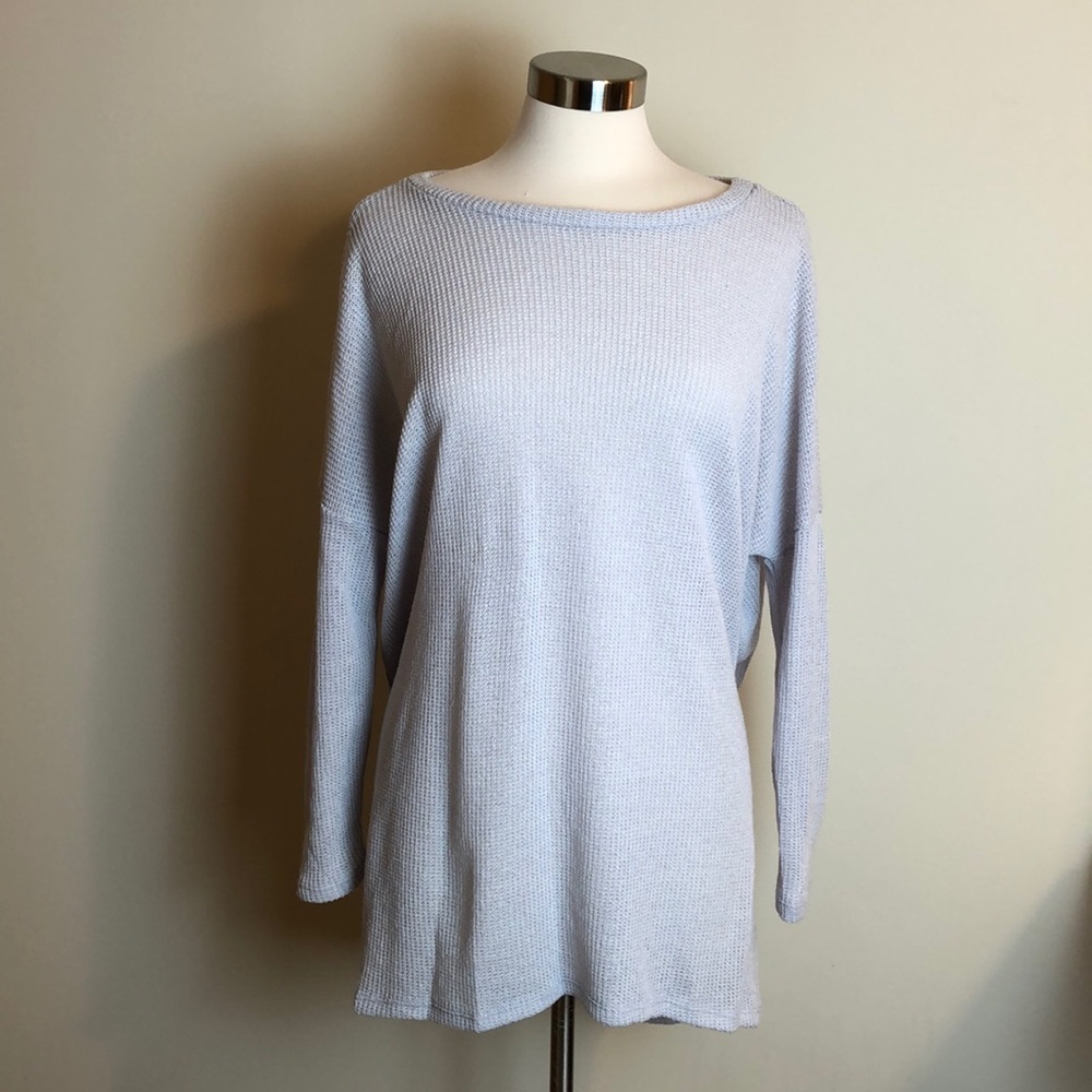 Boutique x Royal & Reese Oversized Waffle Knit Henley Sweater Silver Grey Med